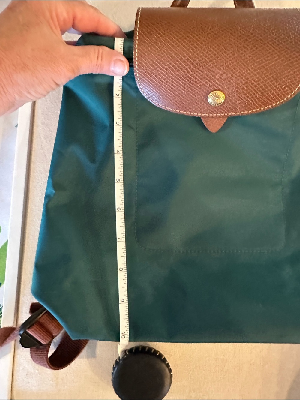 Longchamp Green Nylon Backpack with Brown Leather Flap - Picture 8 of 10